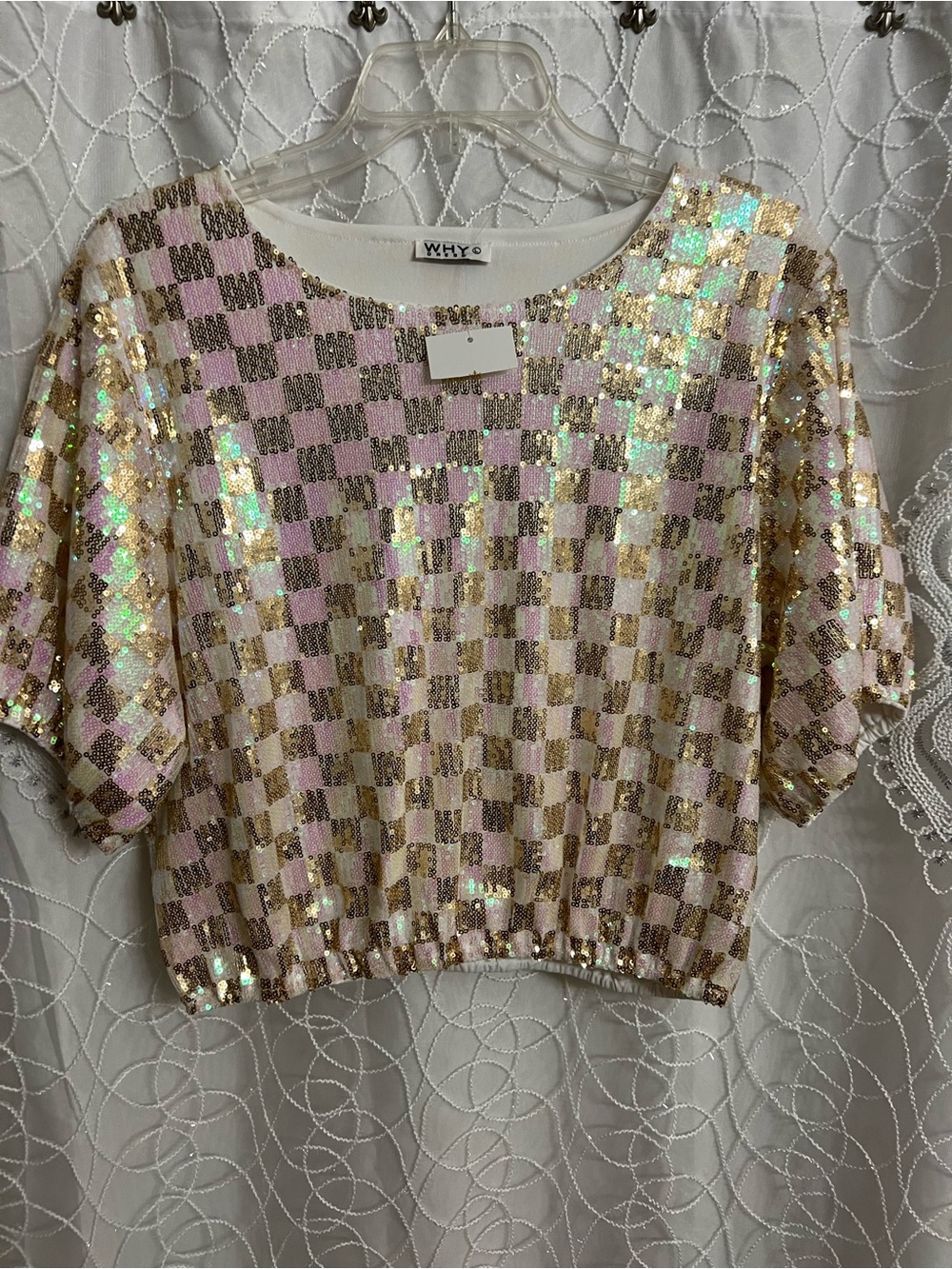 Pink and Gold Sequin Checkered Cropped Top By WHY Size Large